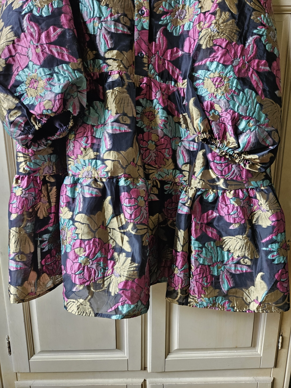 Anthropologie Floral Tiered Midi Dress in Black, Pink, Teal & Gold - Picture 5 of 7